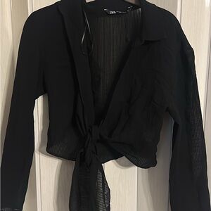 Zara Black Tie Front Crop Button Down Shirt Sz M